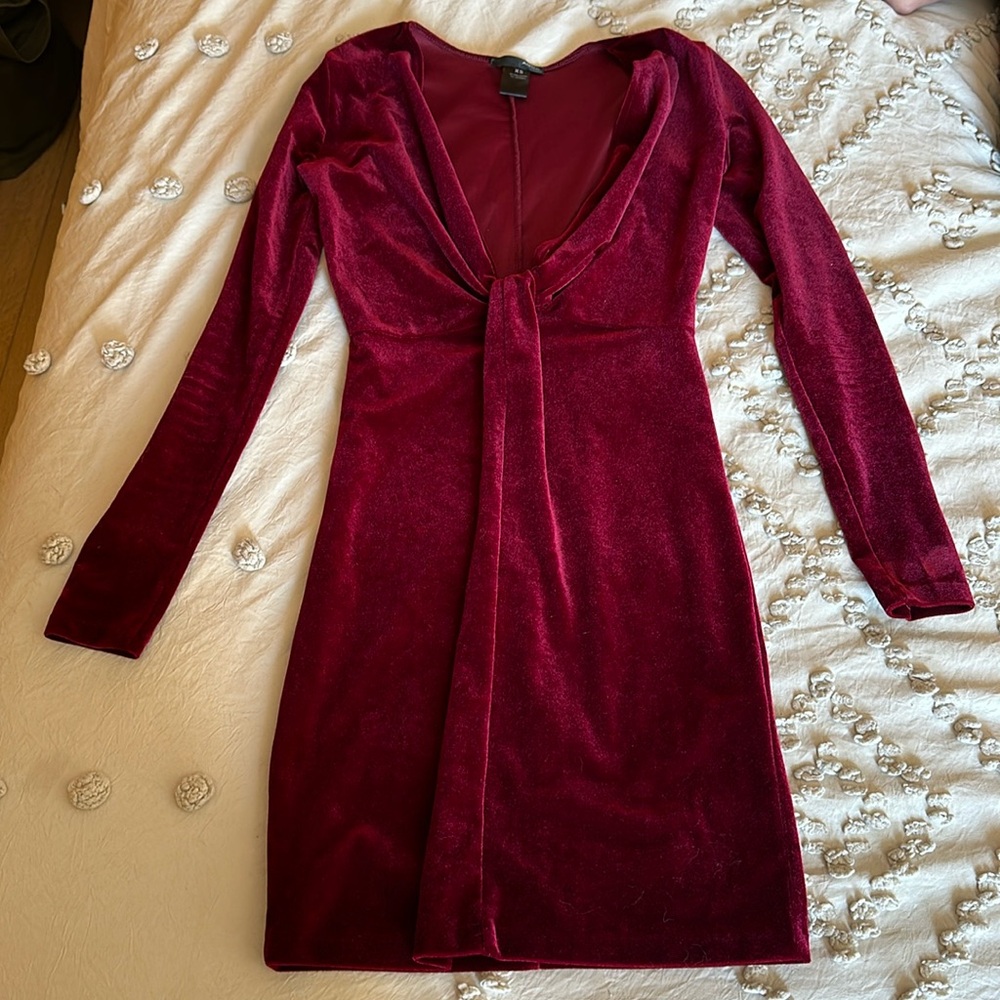 Maroon Aqua deep-V velvet dress